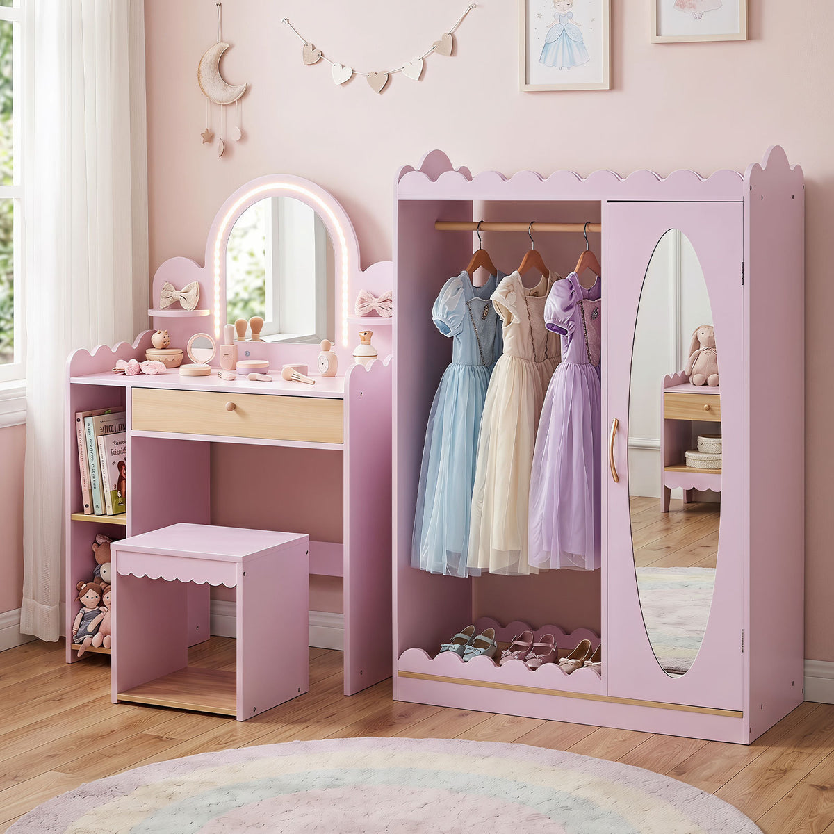 Kids Vanity with Lights and Storage Drawer with Chair for Ages 3+-Pink