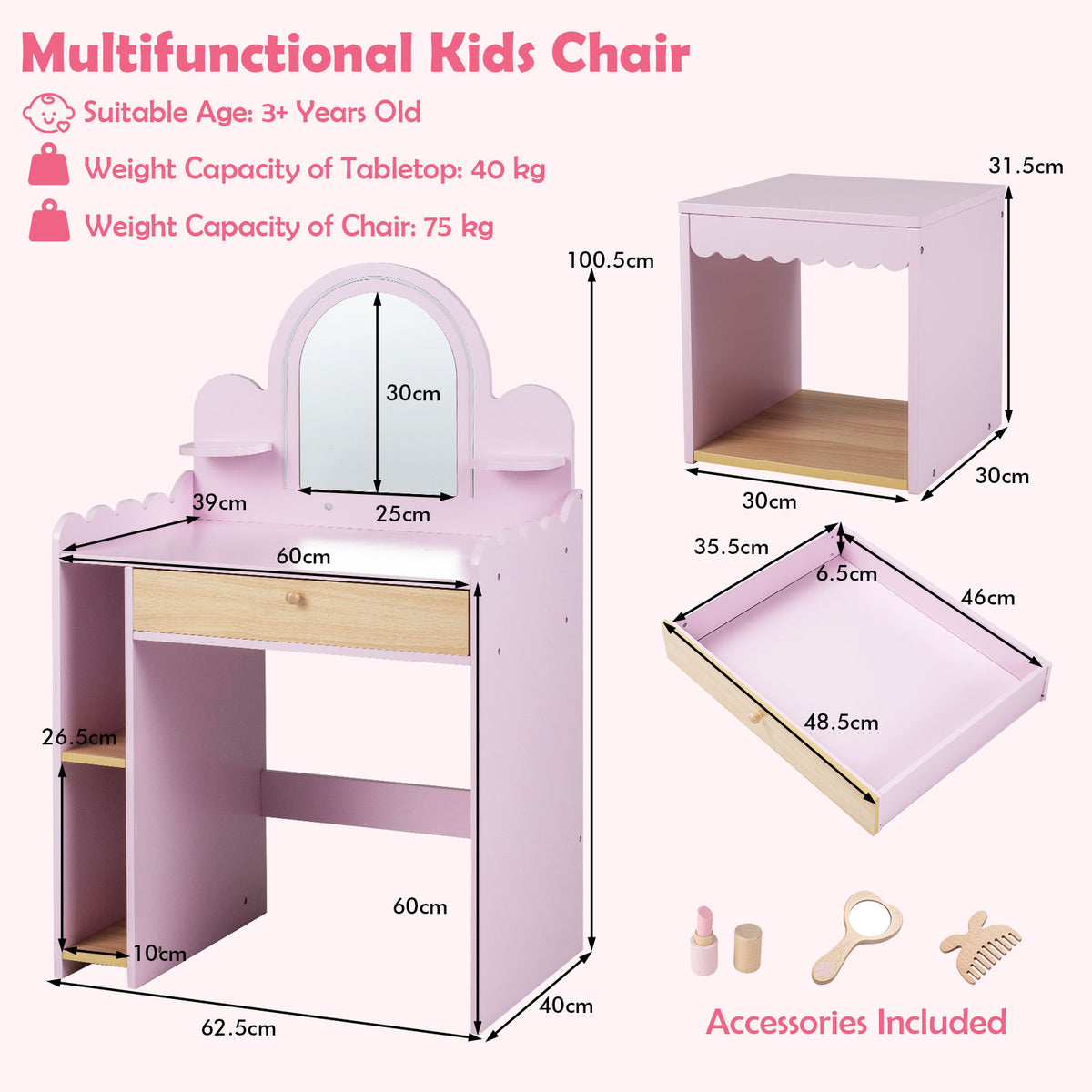 Kids Vanity with Lights and Storage Drawer with Chair for Ages 3+-Pink
