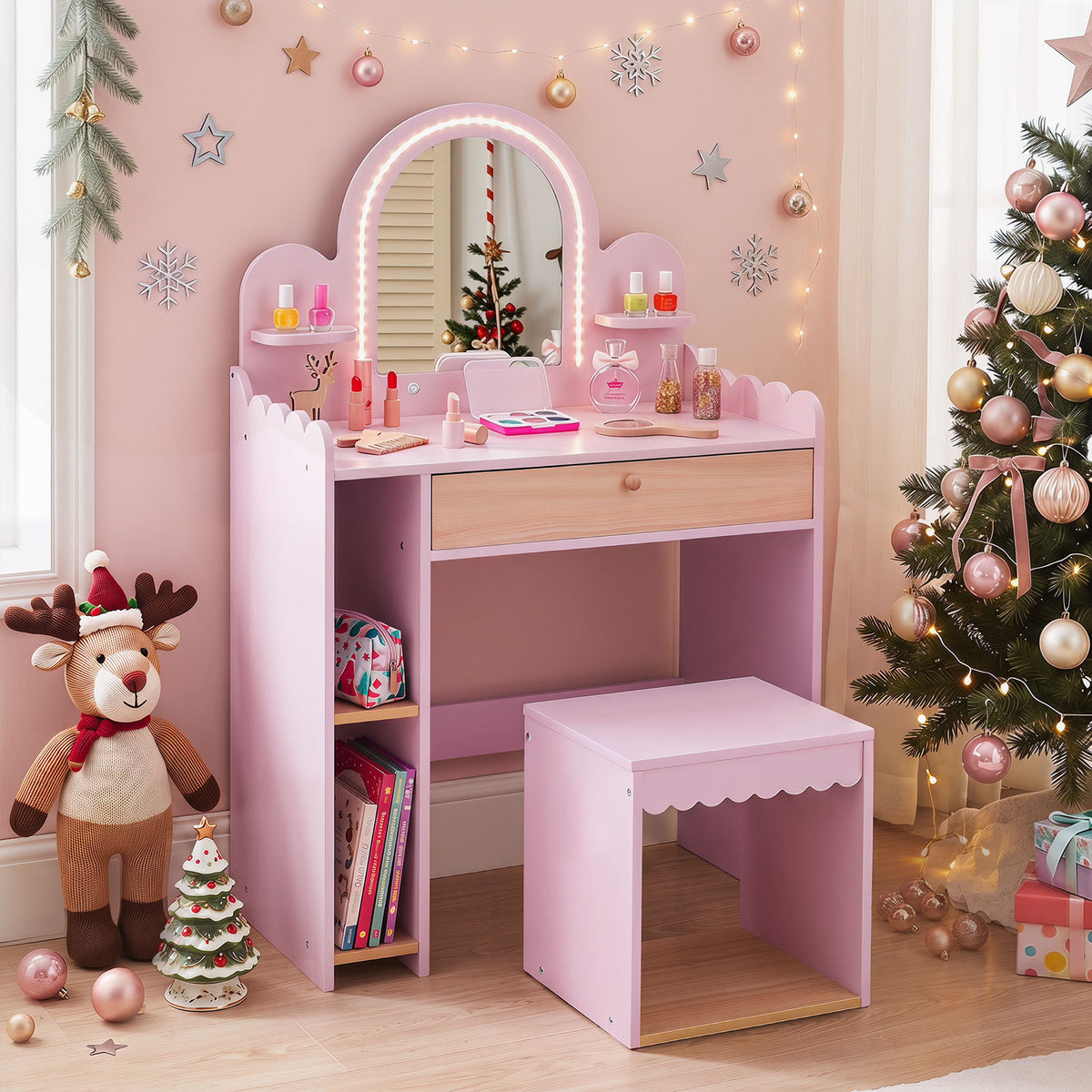 Kids Vanity with Lights and Storage Drawer with Chair for Ages 3+-Pink