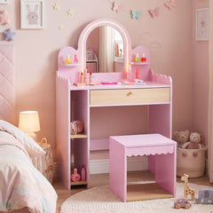 Kids Vanity with Lights and Storage Drawer with Chair for Ages 3+-Pink