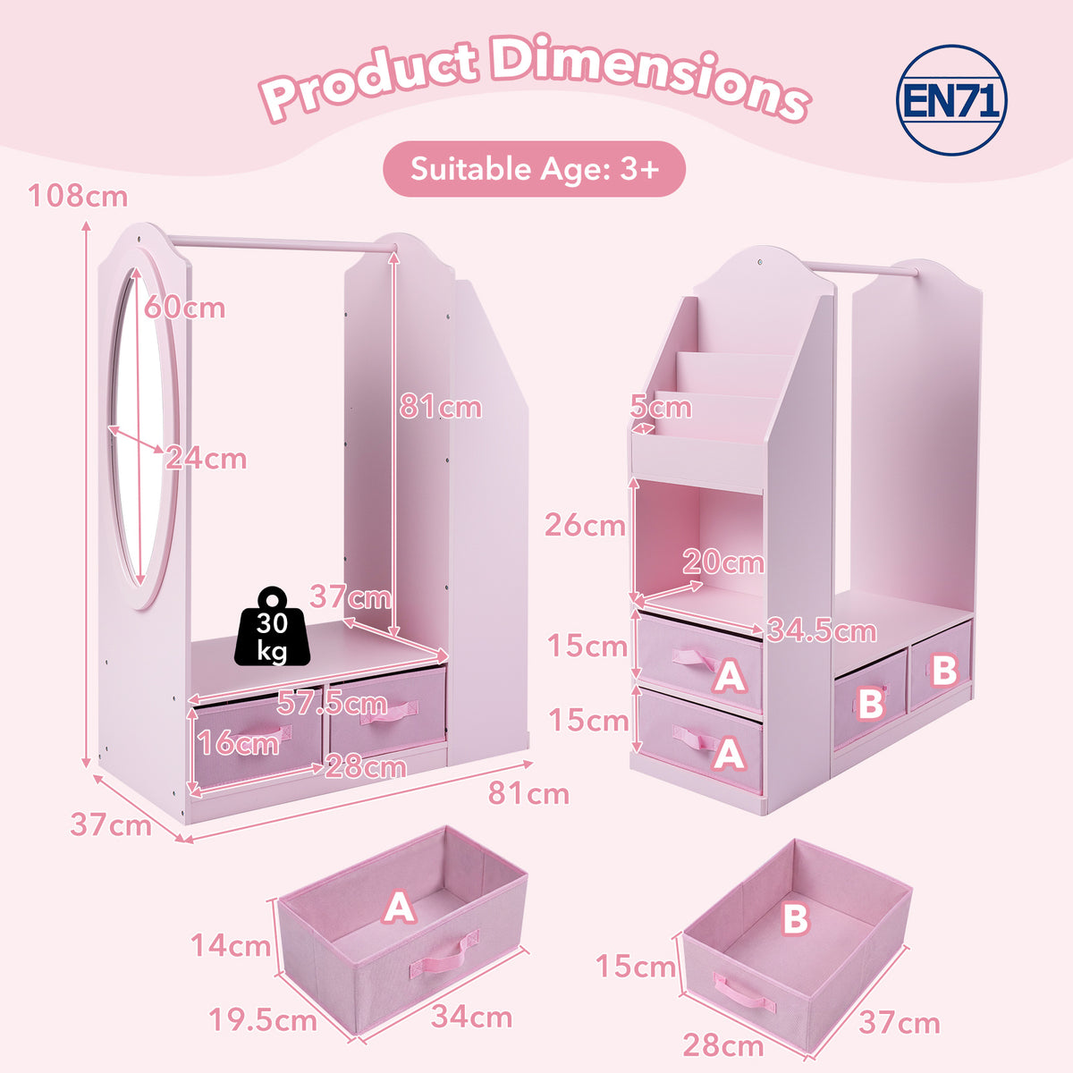 Kids Wardrobe with Full-Length Mirror Dress Up Storage Cabinet with Hanging Rack Bookshelf-Pink