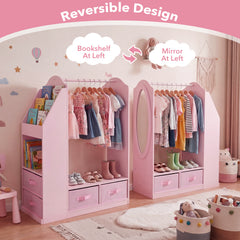 Kids Wardrobe with Full-Length Mirror Dress Up Storage Cabinet with Hanging Rack Bookshelf-Pink
