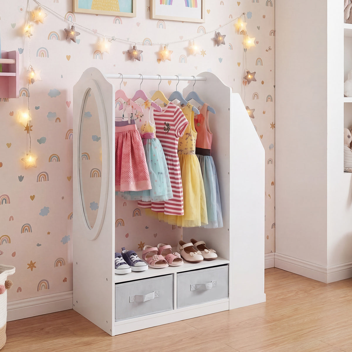 Kids Wardrobe with Full-Length Mirror Dress Up Storage Cabinet with Hanging Rack Bookshelf-White