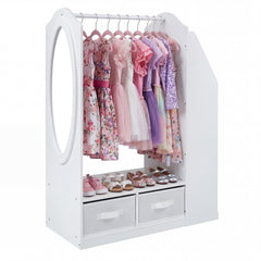 Kids Wardrobe with Full-Length Mirror Dress Up Storage Cabinet with Hanging Rack Bookshelf-White