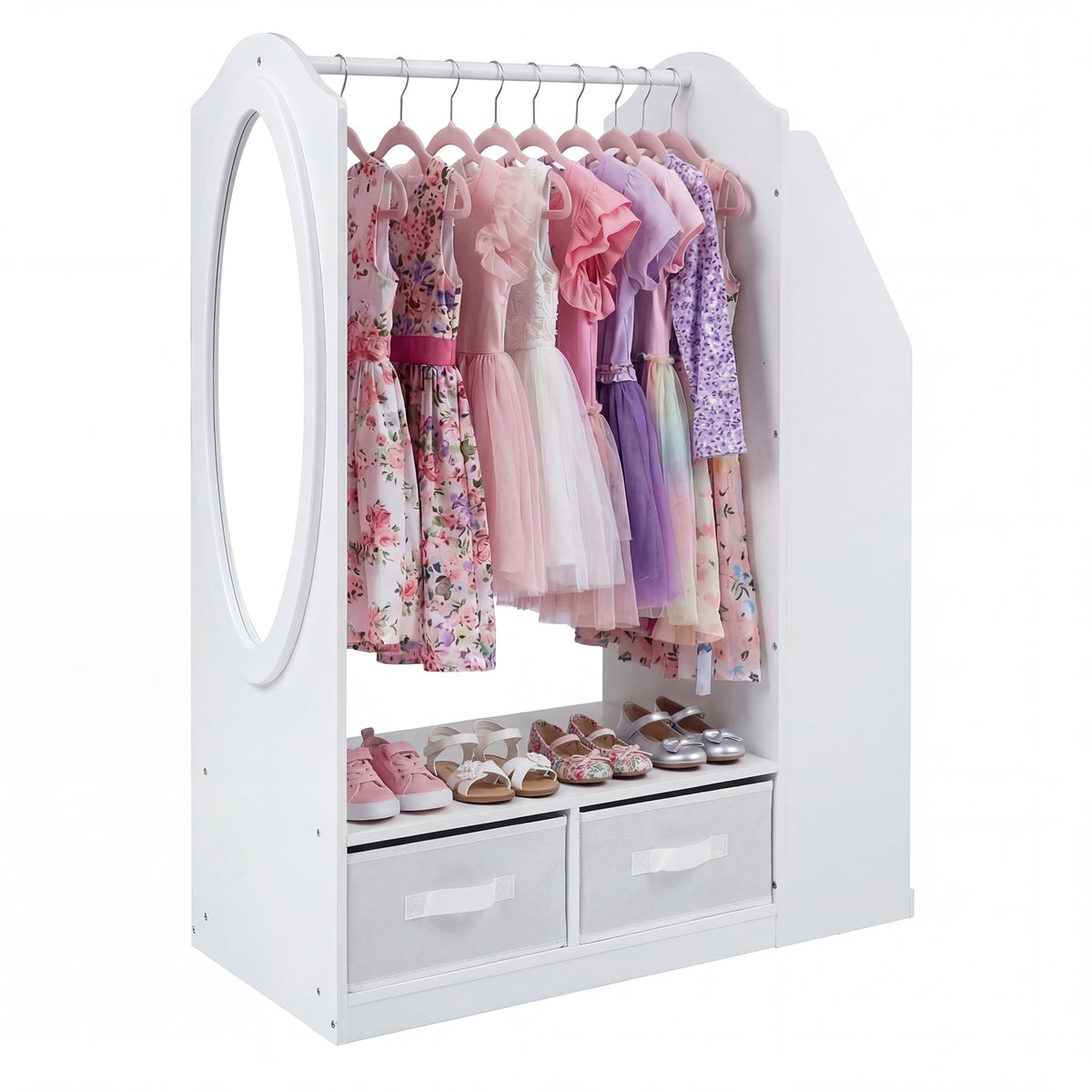 Kids Wardrobe with Full-Length Mirror Dress Up Storage Cabinet with Hanging Rack Bookshelf-White