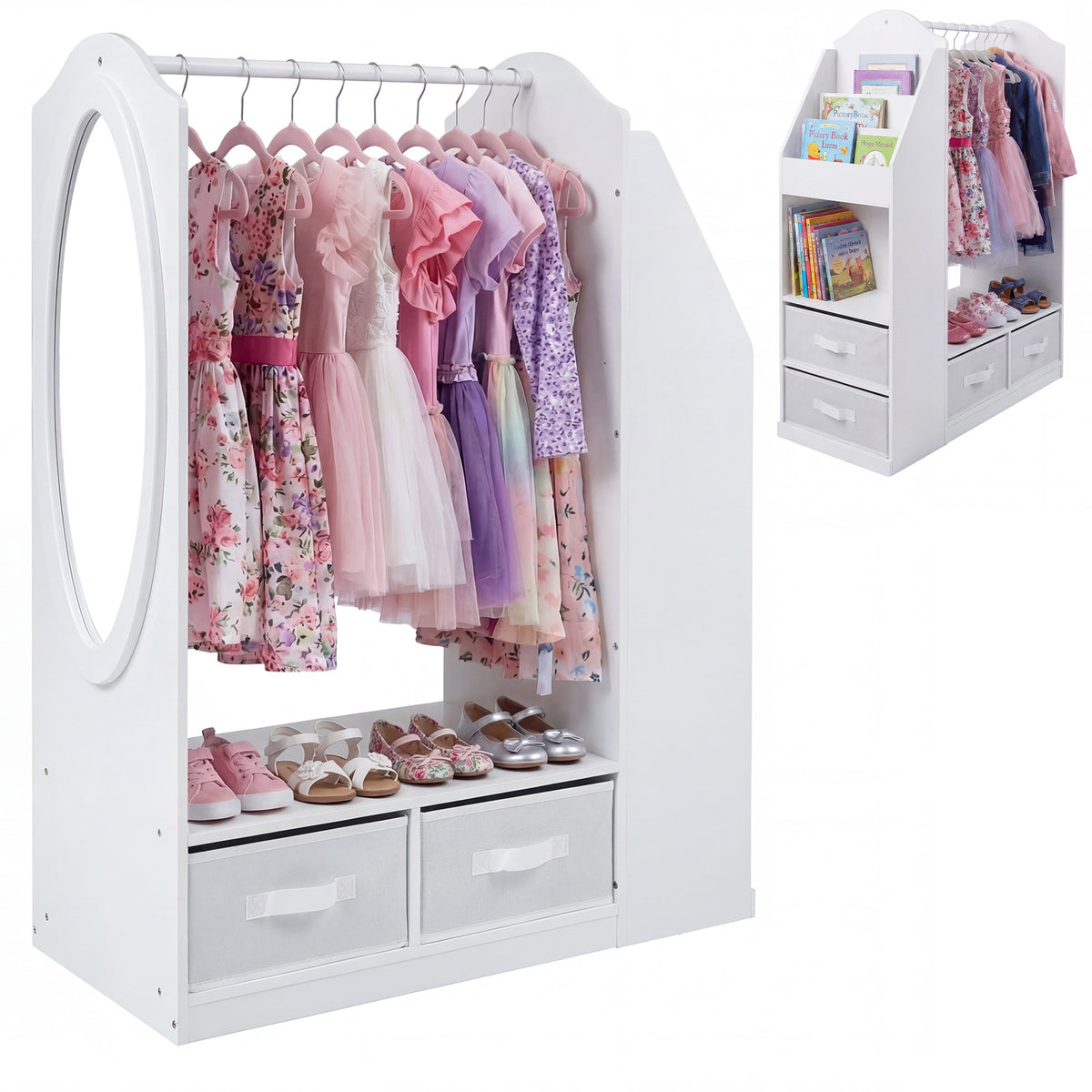 Kids Wardrobe with Full-Length Mirror Dress Up Storage Cabinet with Hanging Rack Bookshelf-White