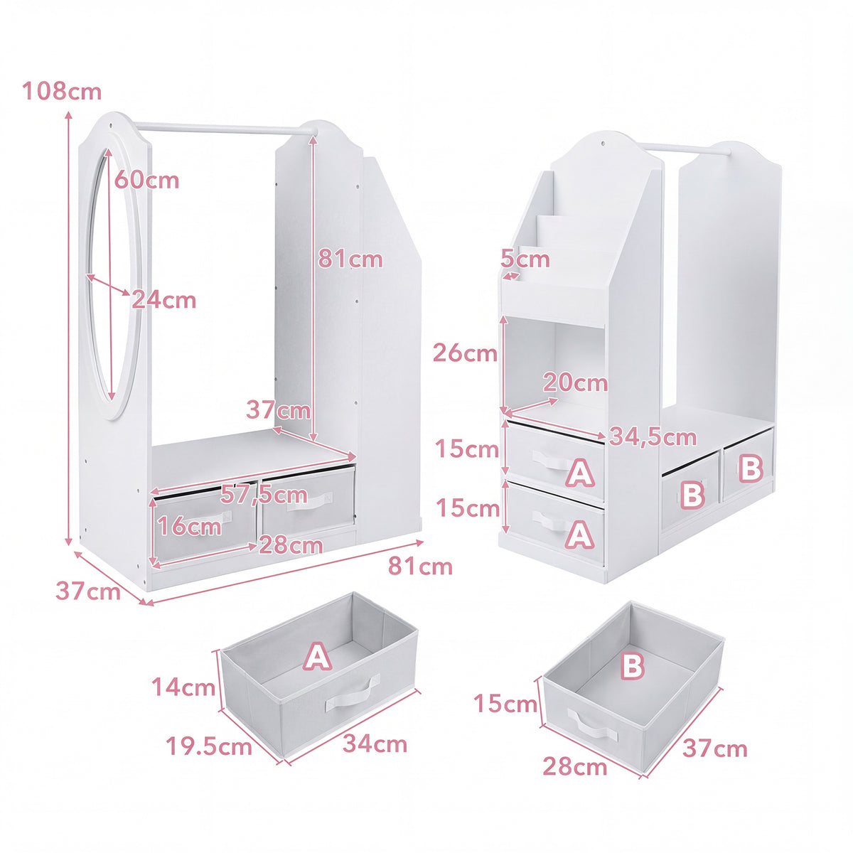 Kids Wardrobe with Full-Length Mirror Dress Up Storage Cabinet with Hanging Rack Bookshelf-White