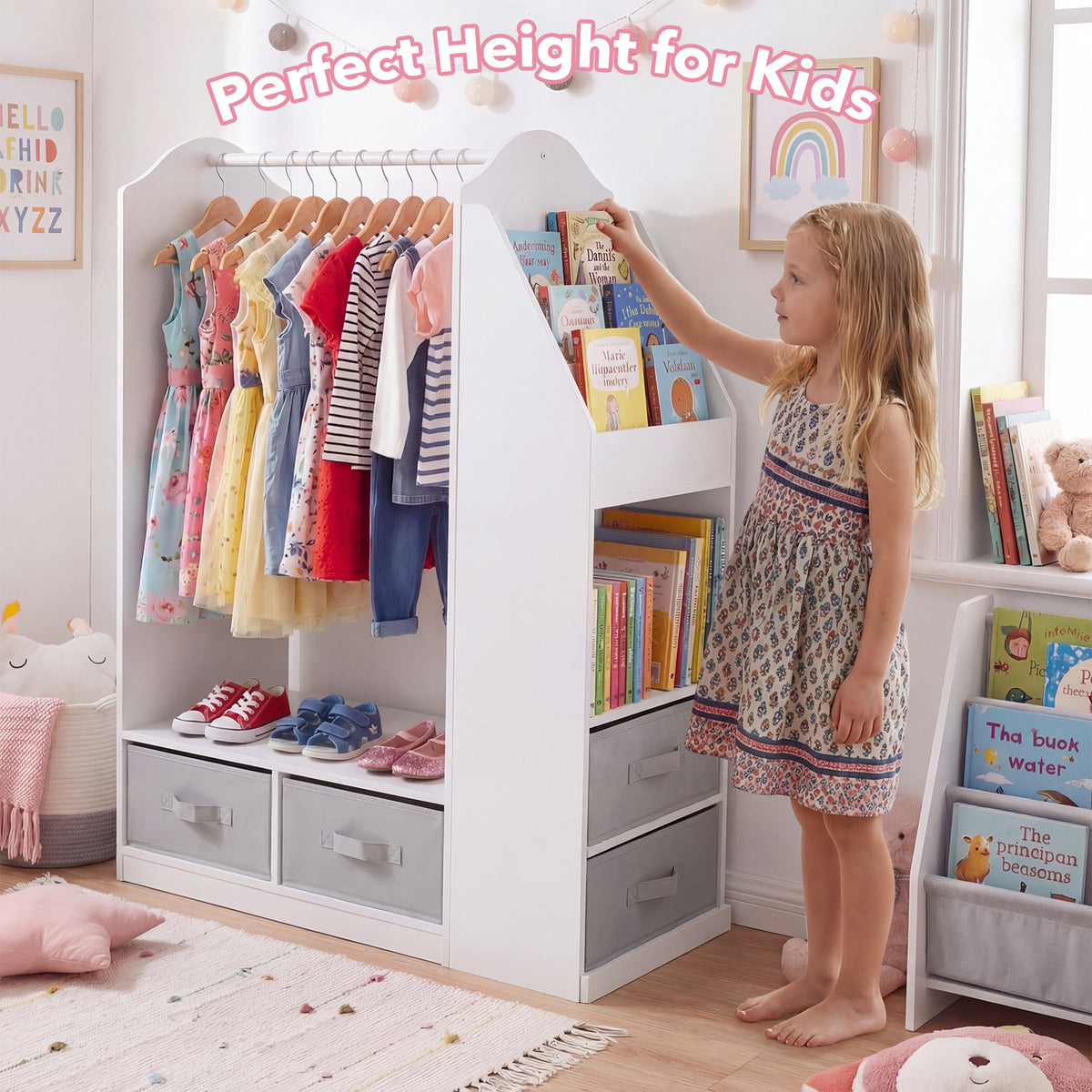 Kids Wardrobe with Full-Length Mirror Dress Up Storage Cabinet with Hanging Rack Bookshelf-White