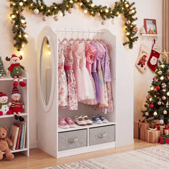 Kids Wardrobe with Full-Length Mirror Dress Up Storage Cabinet with Hanging Rack Bookshelf-White