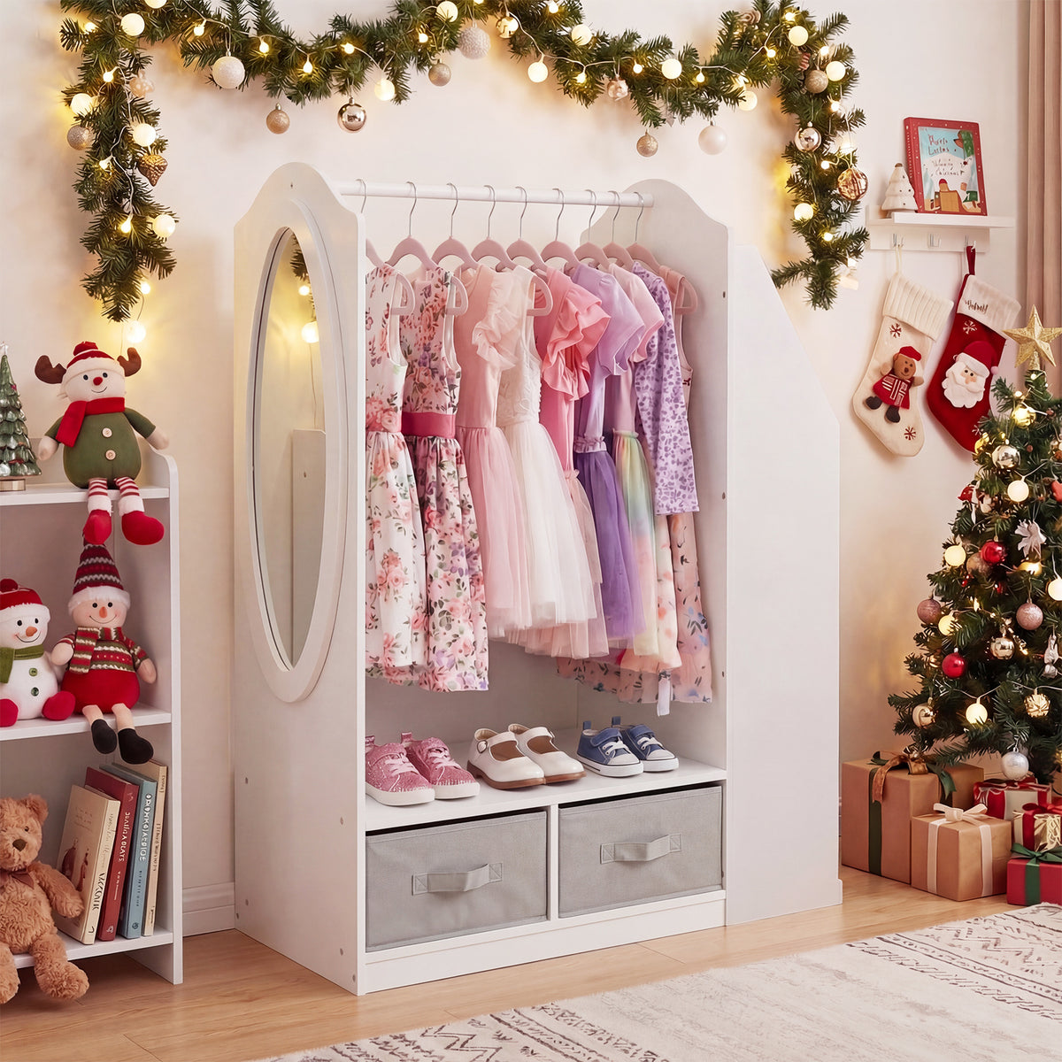 Kids Wardrobe with Full-Length Mirror Dress Up Storage Cabinet with Hanging Rack Bookshelf-White