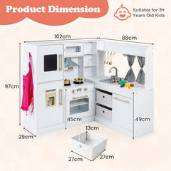 Kids Wooden Corner Play Kitchen with Lighted Range Hood and Stoves-White