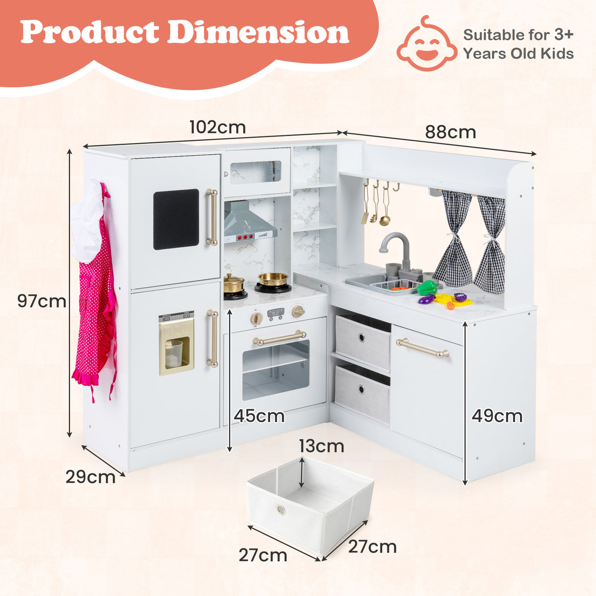 Kids Wooden Corner Play Kitchen with Lighted Range Hood and Stoves-White