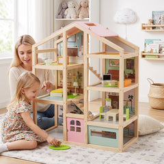 Kids Wooden Dollhouse with 7 Rooms and 18 Pcs Furniture Accessories-Pink