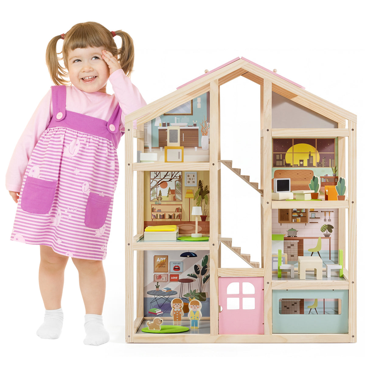 Kids Wooden Dollhouse with 7 Rooms and 18 Pcs Furniture Accessories-Pink