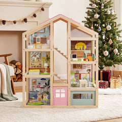 Kids Wooden Dollhouse with 7 Rooms and 18 Pcs Furniture Accessories-Pink