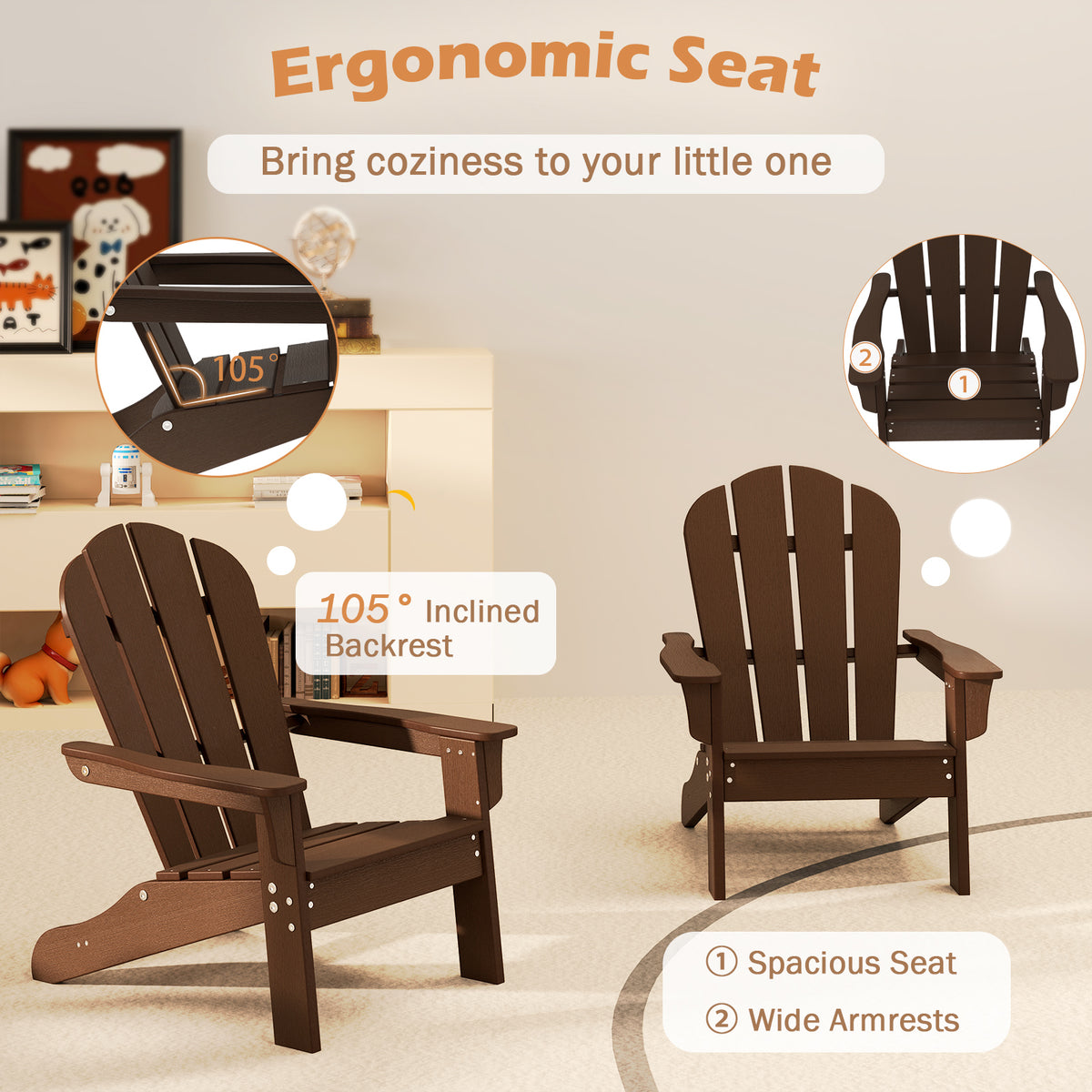 Kids Adirondack Chair All-Weather HDPE Toddler Lawn Chair-Brown