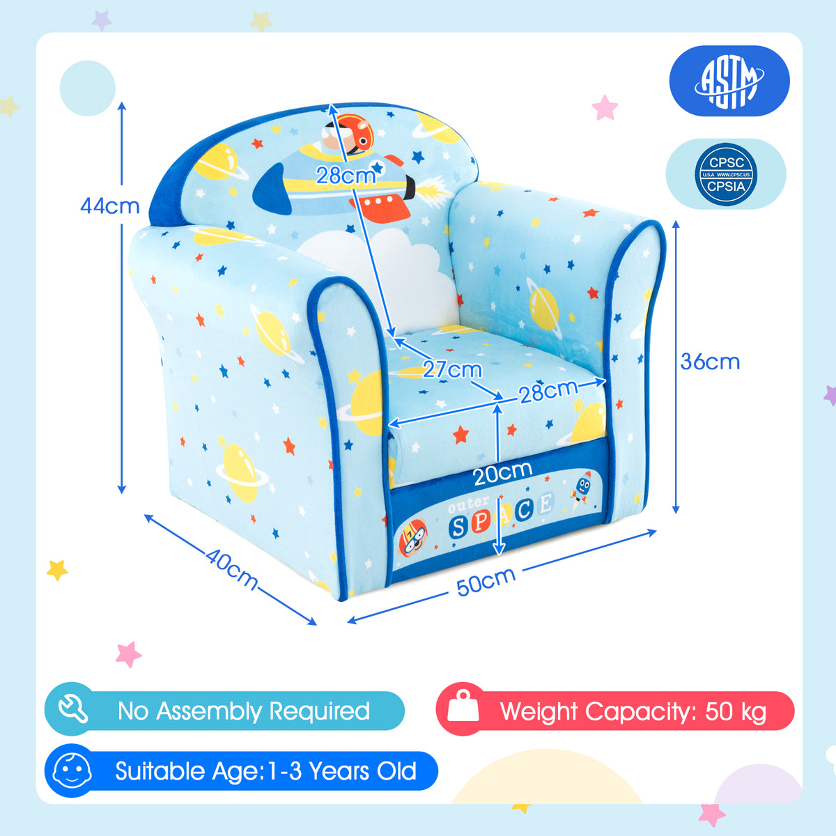 Kids Armchair with Soft Cushion and Cute Pattern-Navy