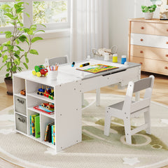 Kids Art Craft Table and Chairs Set with Paper Roll Flip-up Tabletop-Grey
