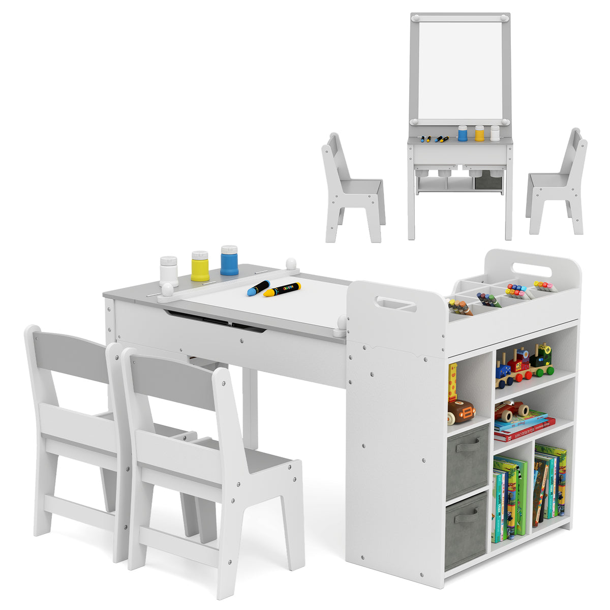 Kids Art Craft Table and Chairs Set with Paper Roll Flip-up Tabletop-Grey