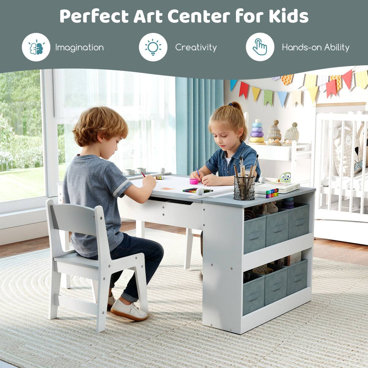 2-in-1 Kids Art Table Set with Chairs-Grey
