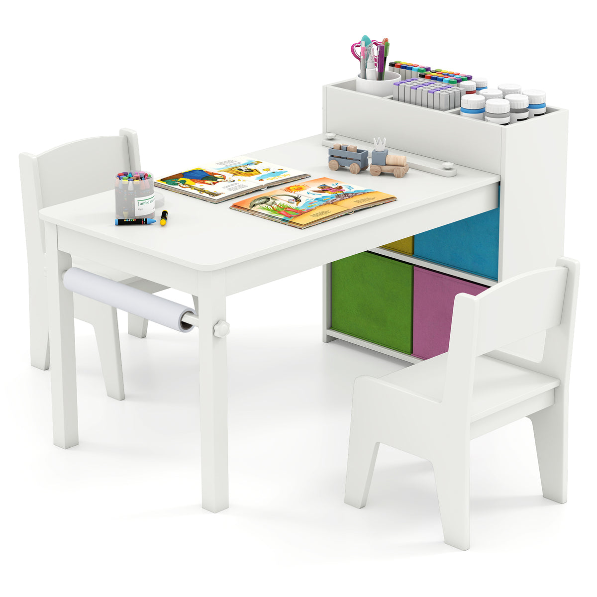 Kids Art Table and Chairs Set with Paper Roll and Storage Shelves-White