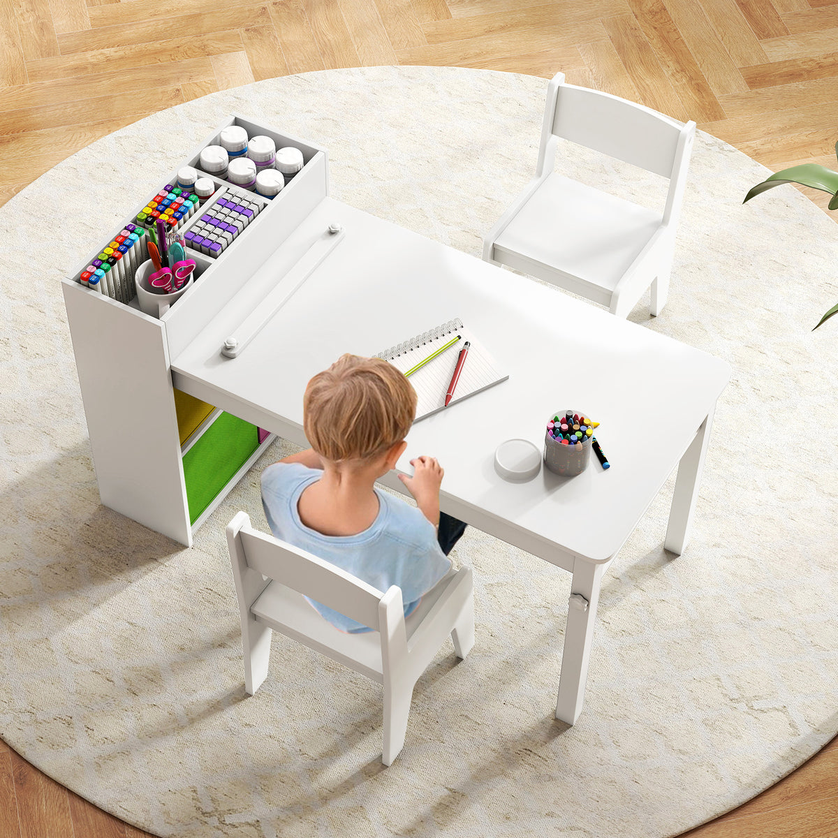 Kids Art Table and Chairs Set with Paper Roll and Storage Shelves-White