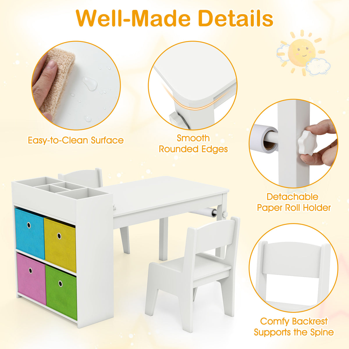 Kids Art Table and Chairs Set with Paper Roll and Storage Shelves-White
