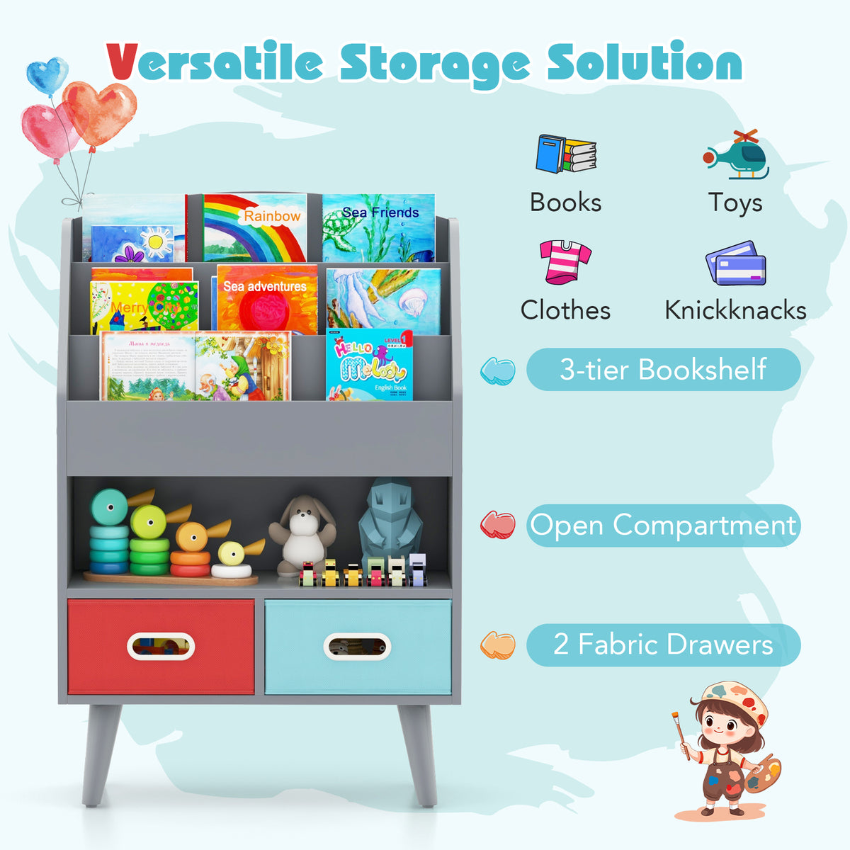 Kids Bookshelf Wooden Book Display Rack with 3-Tier Bookshelves-Grey