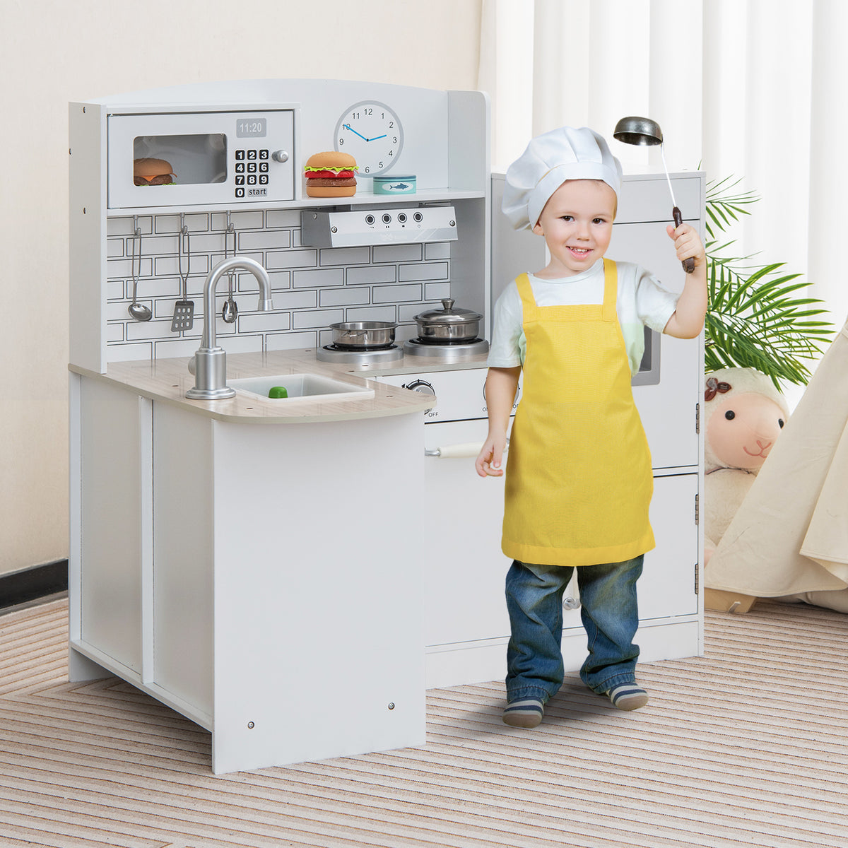 Kid's Wooden Corner Play Kitchen with Ample Accessories-White