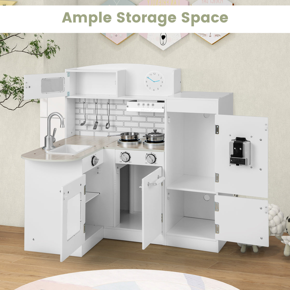 Kid's Wooden Corner Play Kitchen with Ample Accessories-White