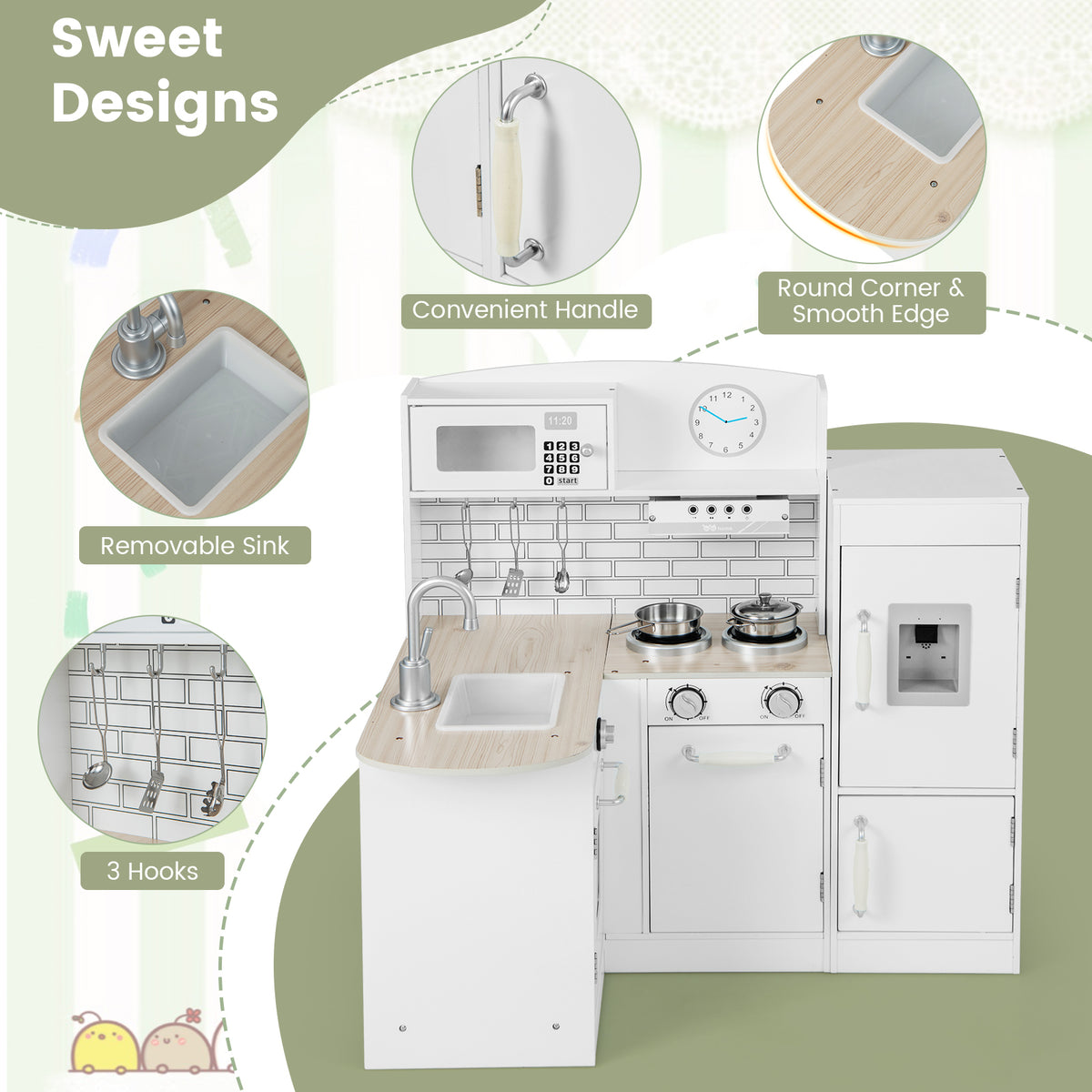 Kid's Wooden Corner Play Kitchen with Ample Accessories-White