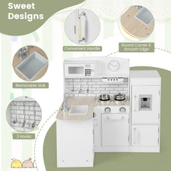 Kid's Wooden Corner Play Kitchen with Ample Accessories-White