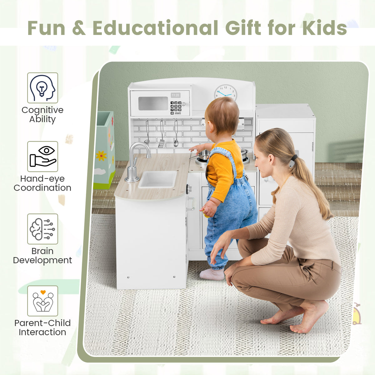 Kid's Wooden Corner Play Kitchen with Ample Accessories-White