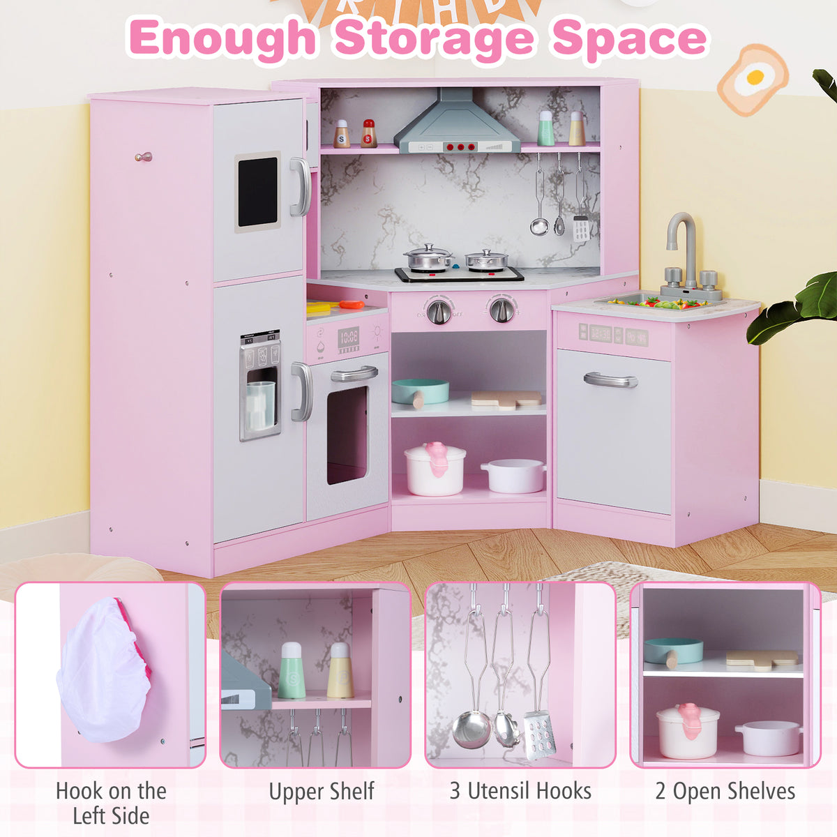 Kids Corner Kitchen Playset with Separated Washing Basin-Pink
