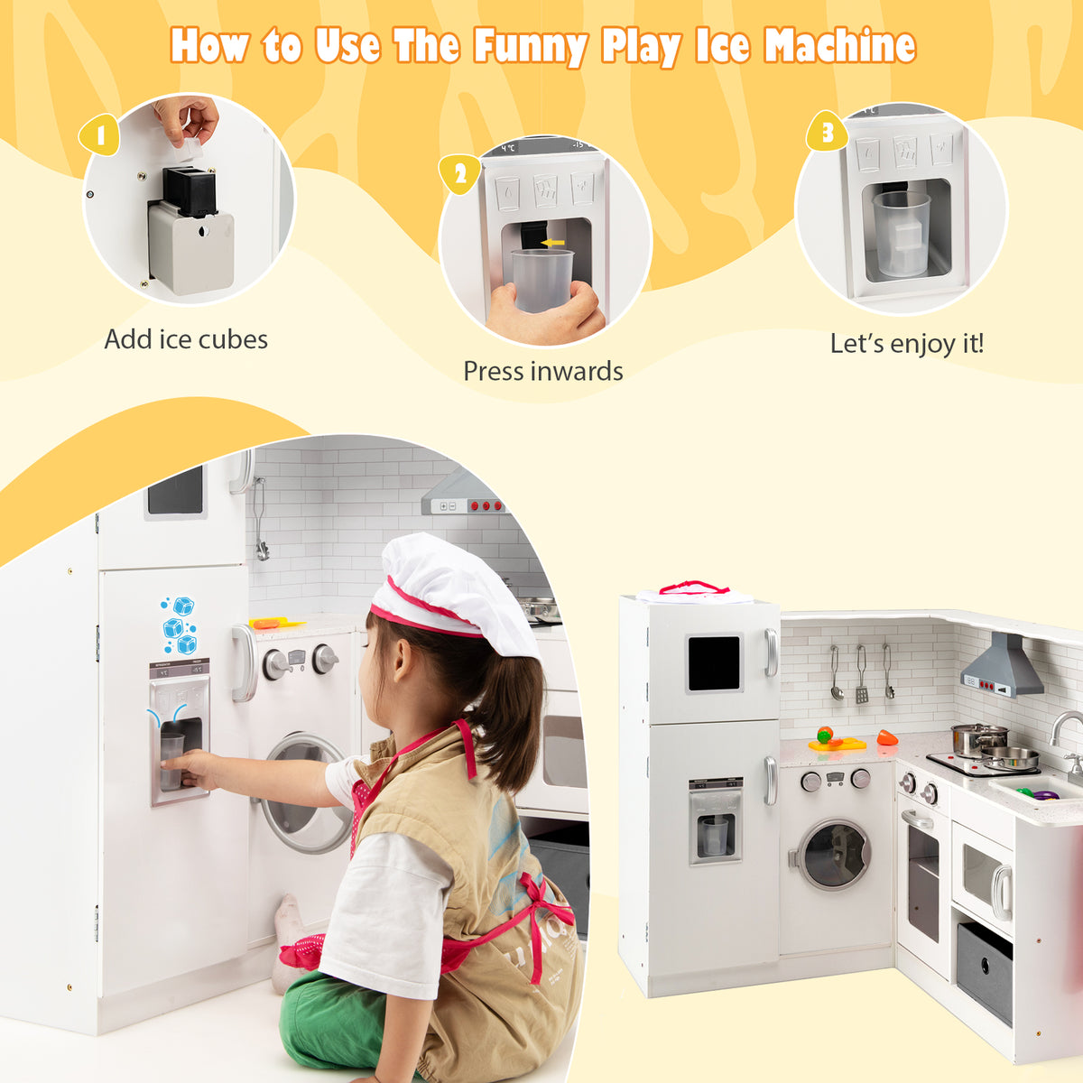 Kids Corner Play Kitchen with Apron and Chef Hat-White