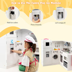 Kids Corner Play Kitchen with Apron and Chef Hat-White