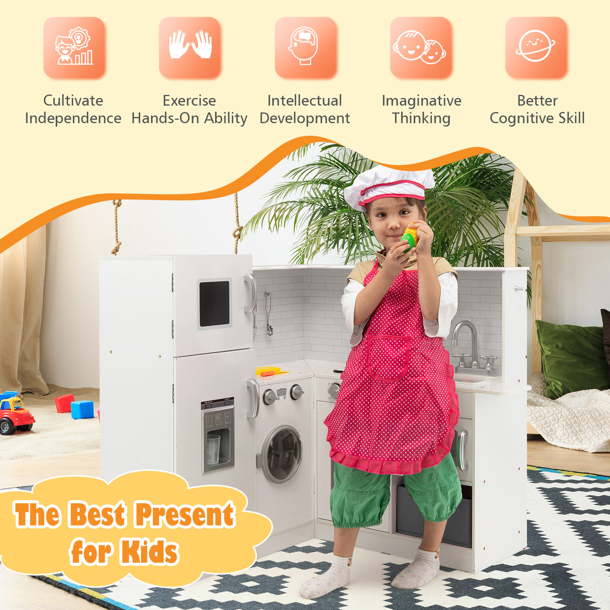 Kids Corner Play Kitchen with Apron and Chef Hat-White