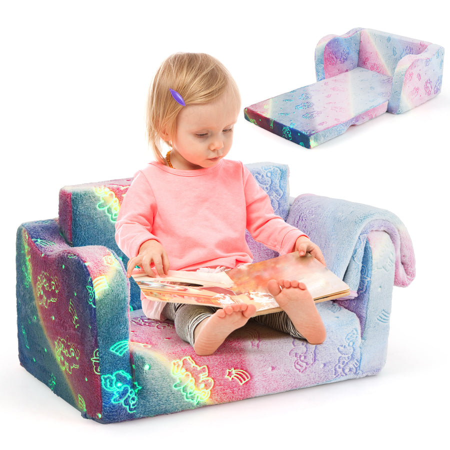 Kids Couch with Blanket 2-in-1 Folding Toddler Sofa Glow in the Dark Chair-Pink