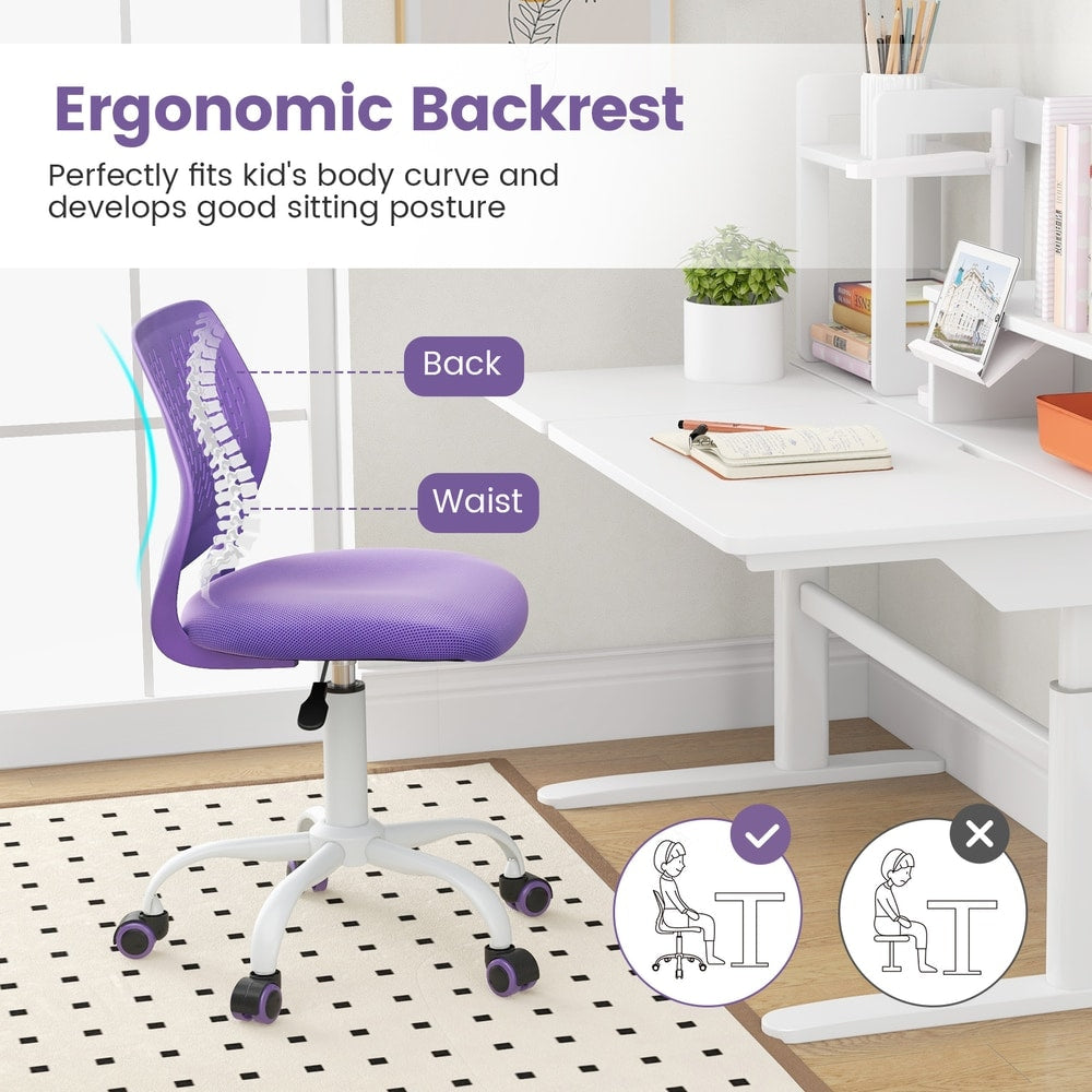 Close up of the ergonomic backrest of the purple children study chair, highlighting support