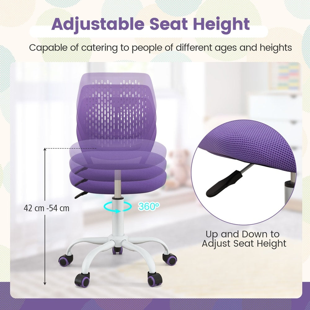 The purple children study chair with adjustable seat height mechanism shown