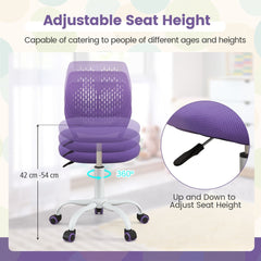 The purple children study chair with adjustable seat height mechanism shown