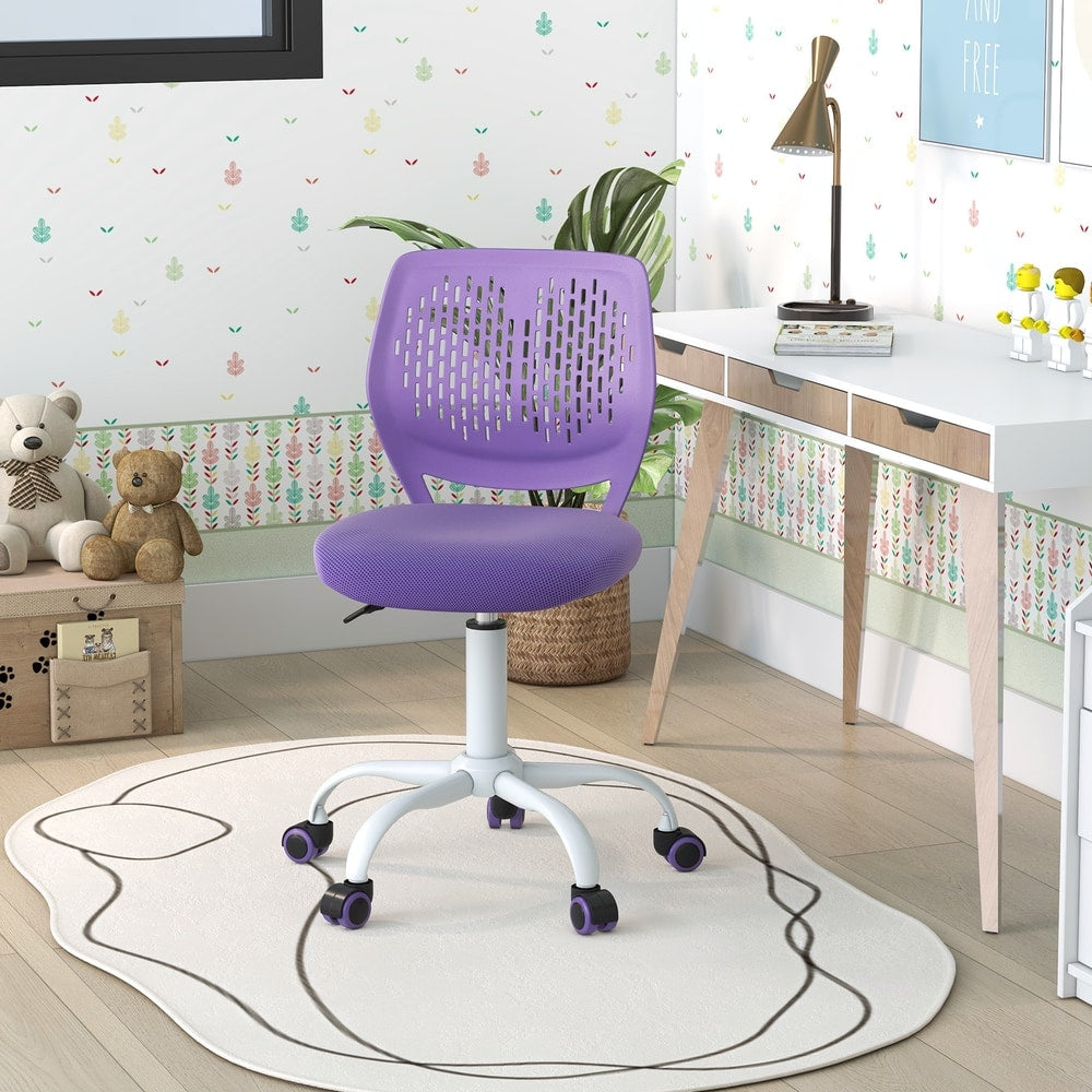 Purple kids study chair with wheels, positioned on a patterned rug in a bright room