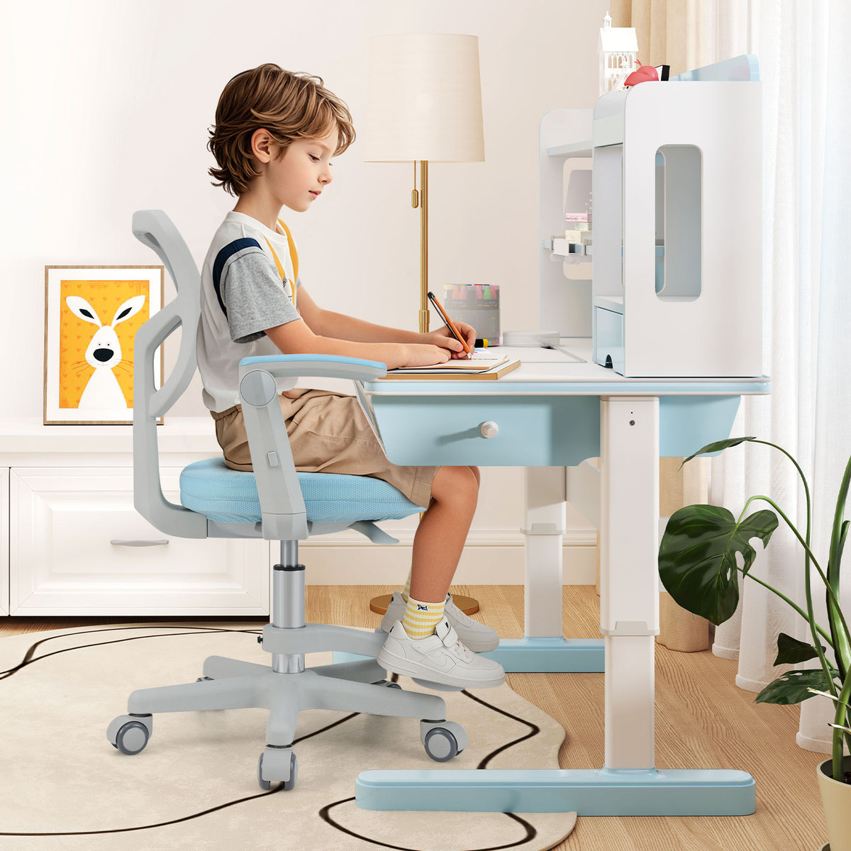 Kids Desk Chair Children Study Chair with Adjustable Height Armrest and Footrest-Blue