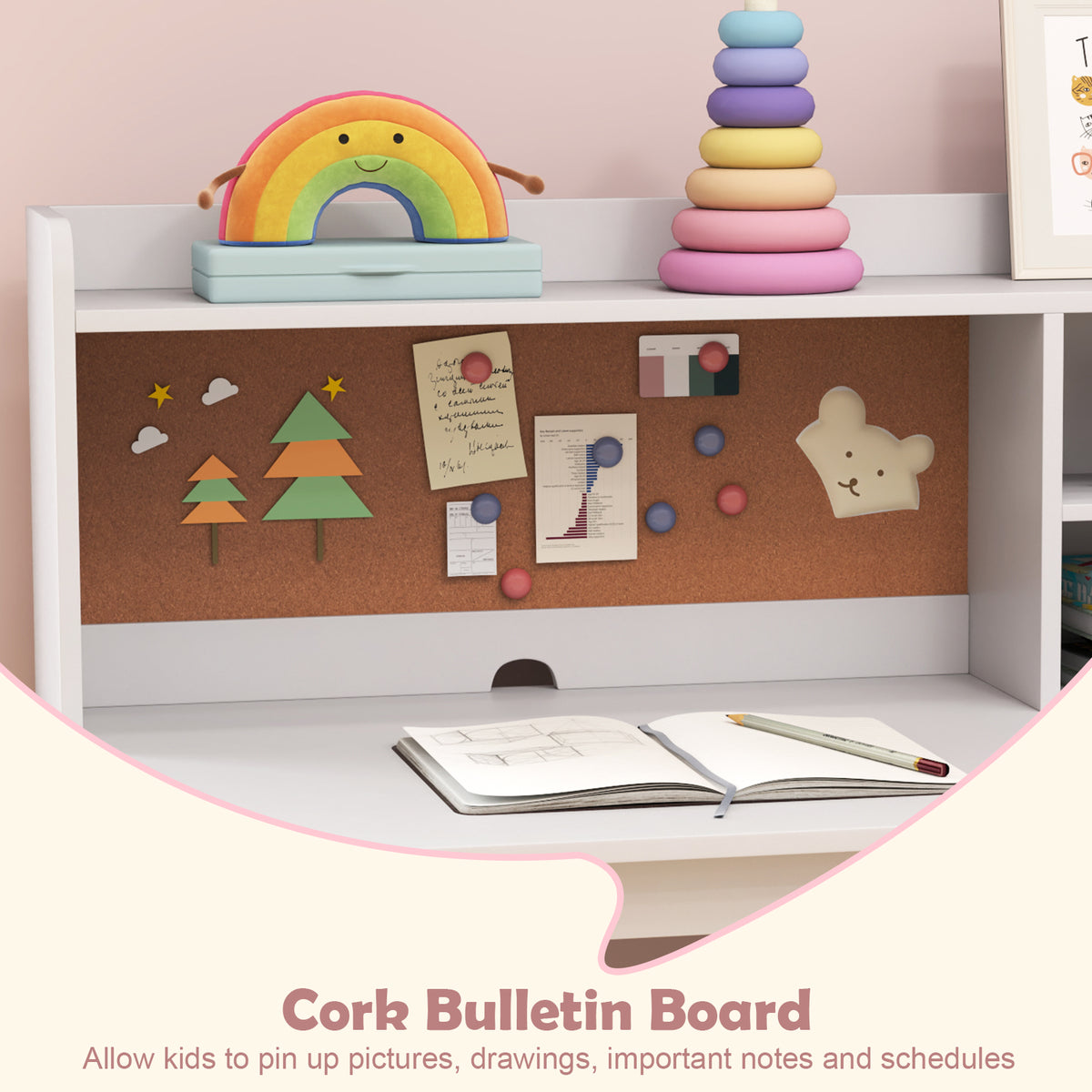 Kids Desk and Chair Set with Chair Hutch and 3-Layer Side Shelf-Pink