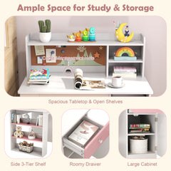 Kids Desk and Chair Set with Chair Hutch and 3-Layer Side Shelf-Pink