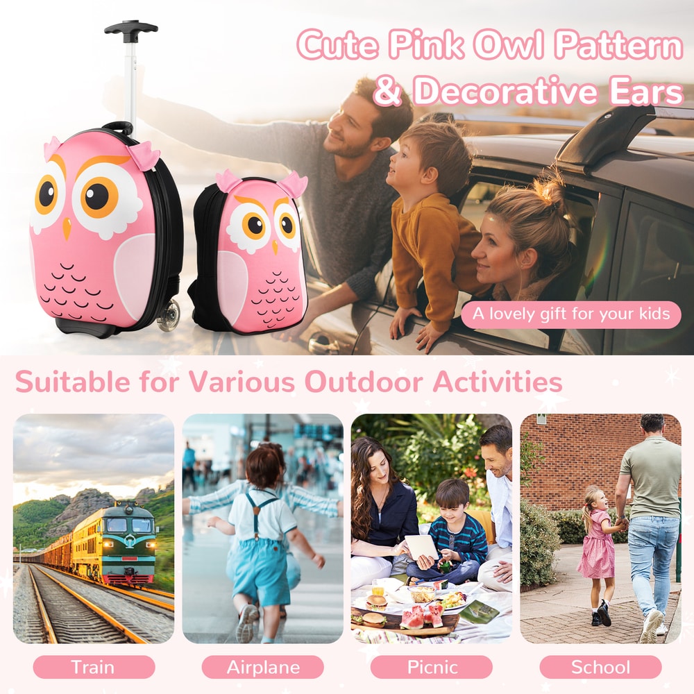 Pink owl luggage set suitable for train, airplane, picnic and school travel