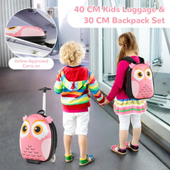 A pink owl carry-on suitcase and backpack set for kids