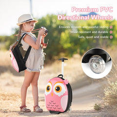A girl with a pink owl suitcase and backpack on a path