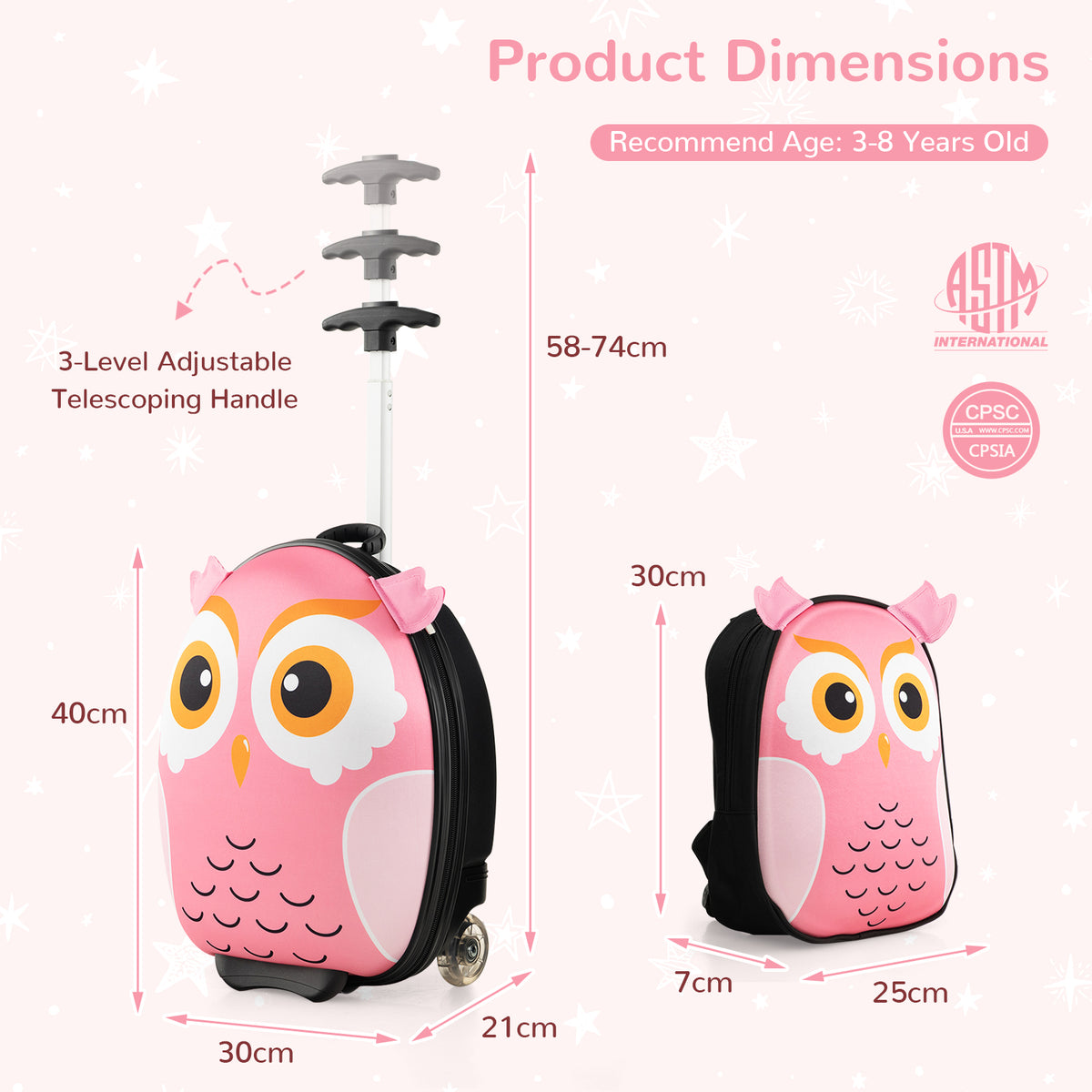Dimensions of the pink owl kids carry-on luggage and backpack set
