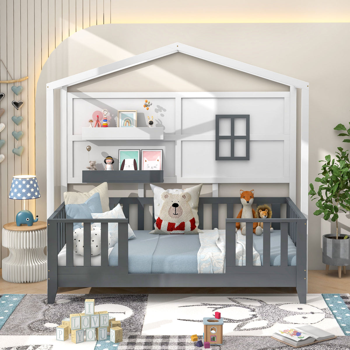 Kids Montessori Wood House Bed Bed with 2 Shelves and Guardrails-Gray & White-Single Size